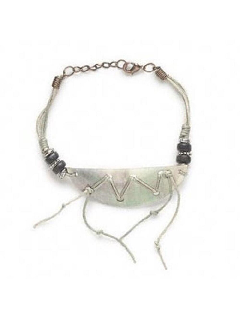 Adjustable Antiqued Brass Waxed Cotton Cord and Black Lip Shell Bracelet